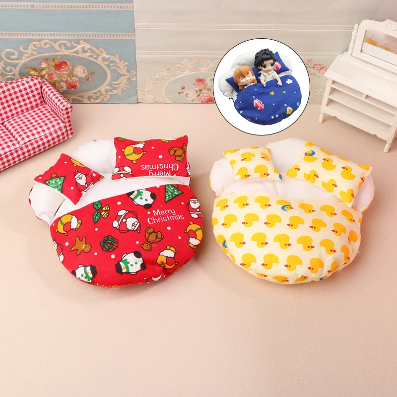 1:12 Doll Miniature Round Sleeping Bag Bed With Two Pillow Dollhouse Bedroom Furniture Accessories Micro Home Scene Decor Props