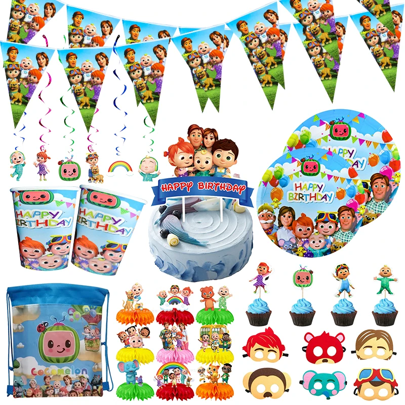 Watermelon Boy Family Birthday Decorations Cartoon Boy Family Party Supplies Balloons Banner Backdrop Tablecloth Tableware Kit