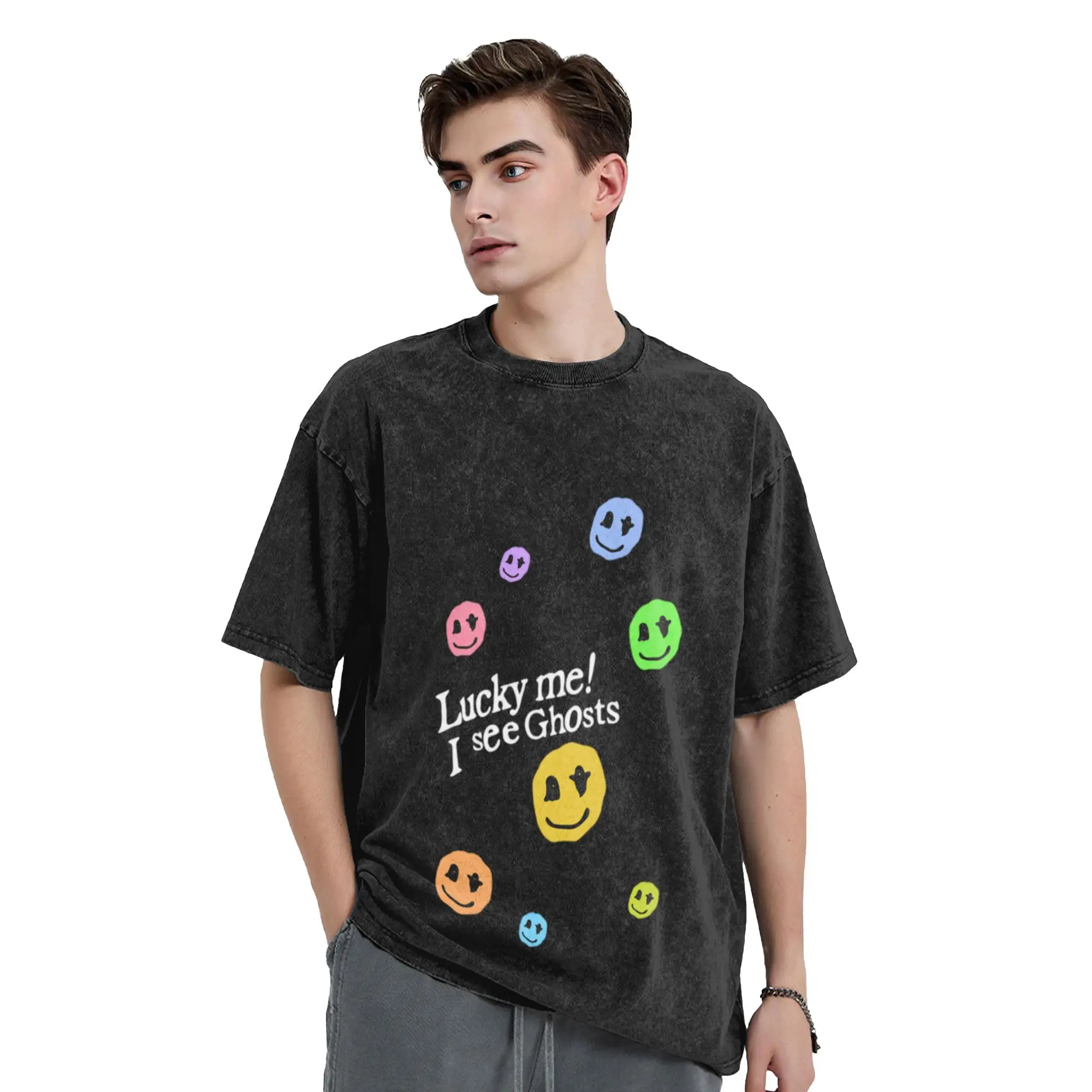 Lucky Me I See Ghosts White Rainbow Unique Stylish A Washed T Shirt Men's Women's Oversized Cotton Tees Tops