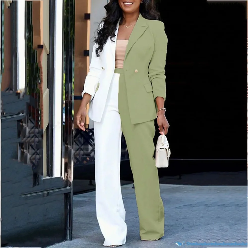 Latest Design Women's Suit Contrast Color Peak Lapel Double Breasted Fashion Elegant Outfit Office Work Daily Set Two Piece