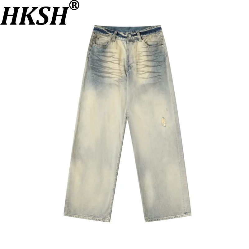 HKSH 2025 ربيع وصيف جديد الرجال المد فاسق ضوء القذرة المتعثرة غسلها الكتابة على الجدران استرخاء فضفاض الجينز خمر الدنيم السراويل HK14330