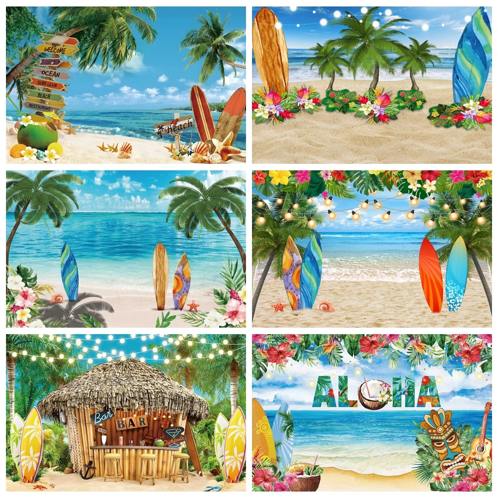 

Summer Tropical Beach Photography Backdrop Hawaiian Aloha Flamingo Ocean Palm Tree Seaside Surfboard Birthday Photo Background