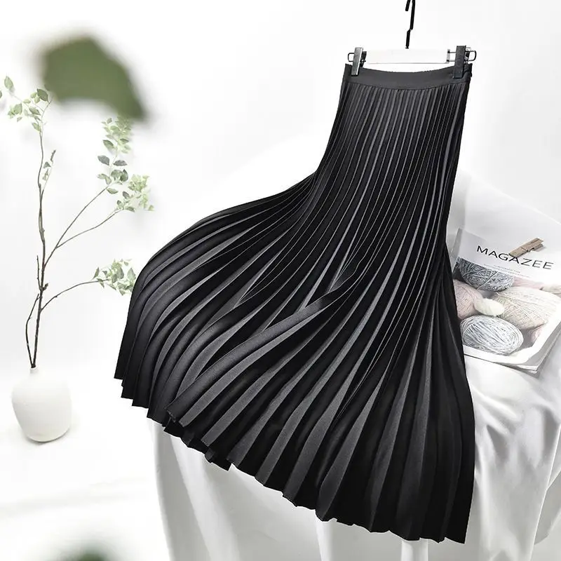 Casual Solid Color Pleated 2023 New Ice Silk  Skirt with Dropping A-line Large Swing Mid Length Slim Fairy Lady Long Skirt