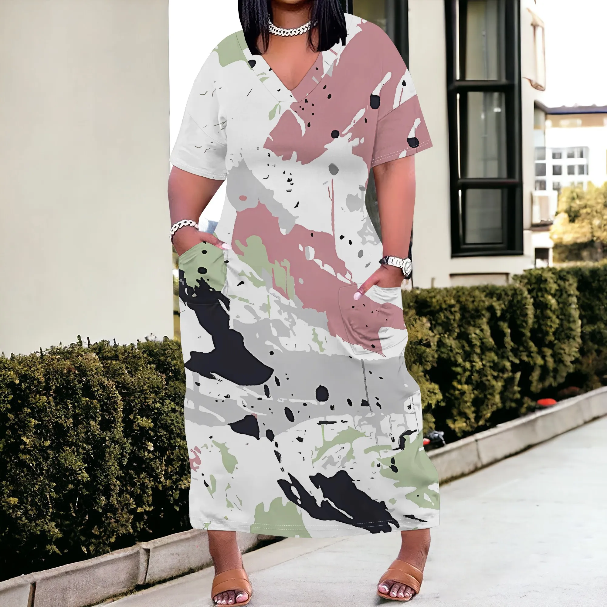 

Nupusa Abstract Print Dress for Women Plus Size Summer Casual V Neck Short Sleeve Maxi Dress