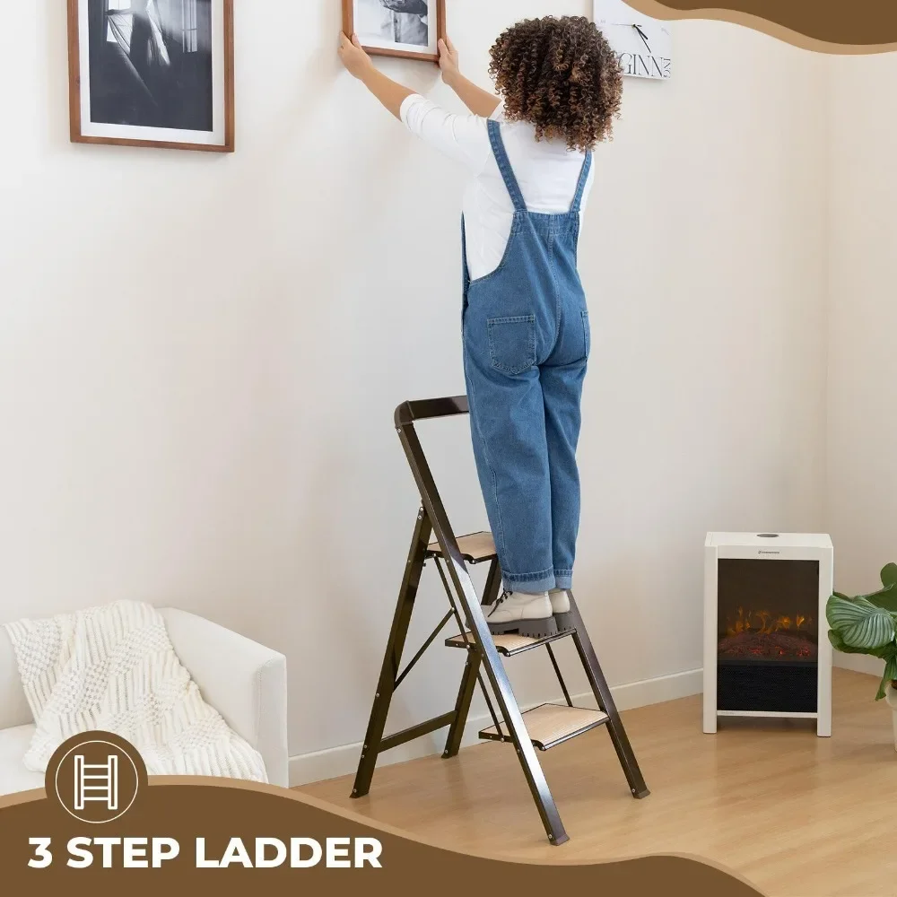 3 Step Ladder Folding Step Stool for Adults with Wide Anti-Slip Pedal, Aluminium Lightweight Foldable Step Ladders Brown