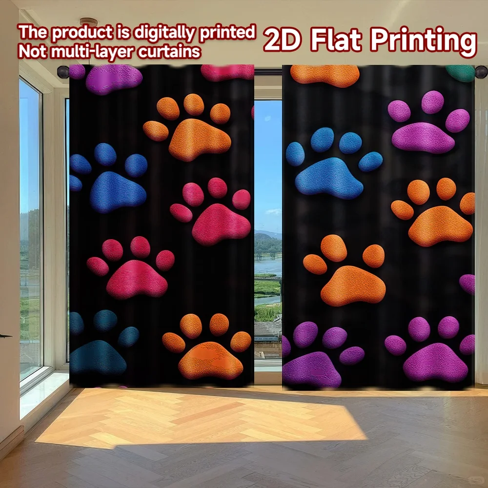 

2D flat printing 2pcs Party Window Curtains Colorful Pet Paw Prints Digital Printed Polyester Drapes Festive Curtains for