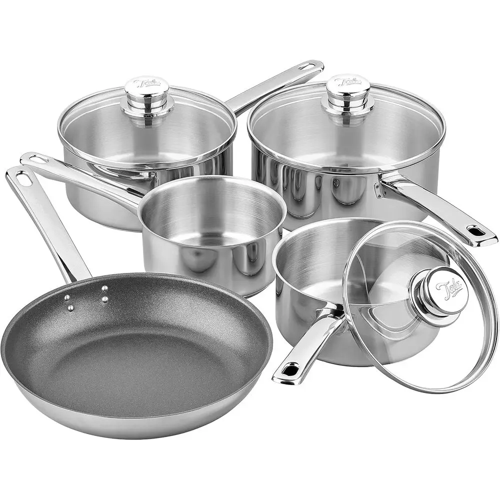 

Perormance 5 Pc Stainlokware Set containing Sauans Glass lids, 16, 18 and 20cm. 14cm Milk pan, 24cm Non-Stick ry Pan, 5 Pc Set,