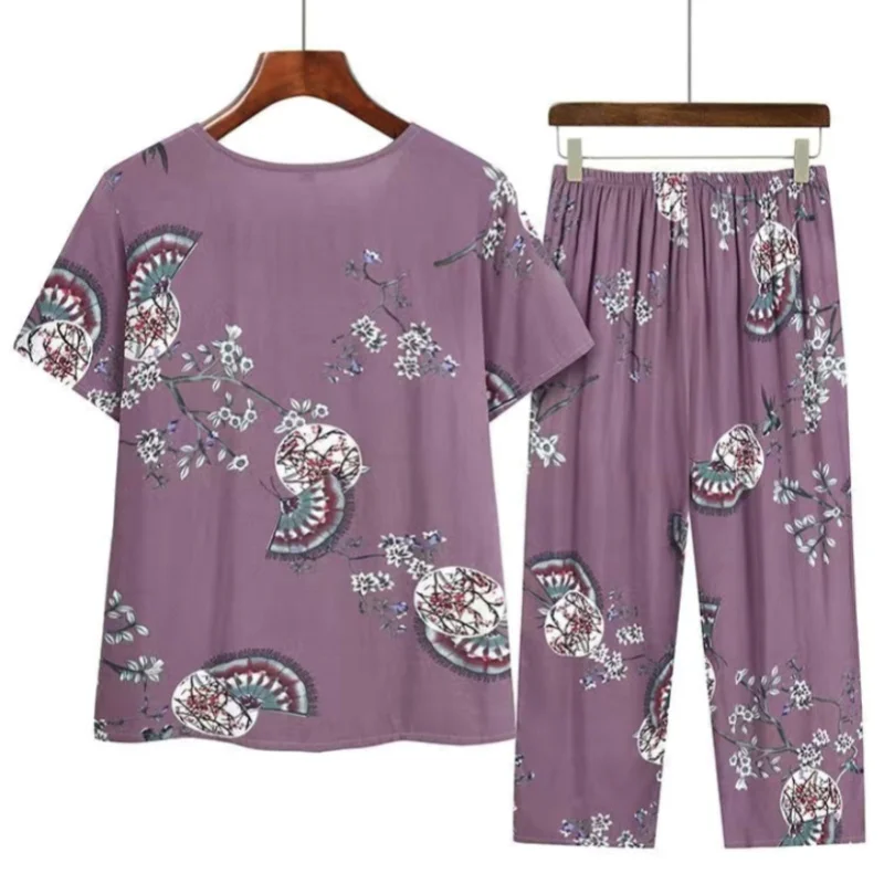 Middle Aged Mother Pajama Set Summer Women's Suit Short Sleeve Sleepwear T-shirt Calf-length Trousers Sets Pyjama Pour Femme