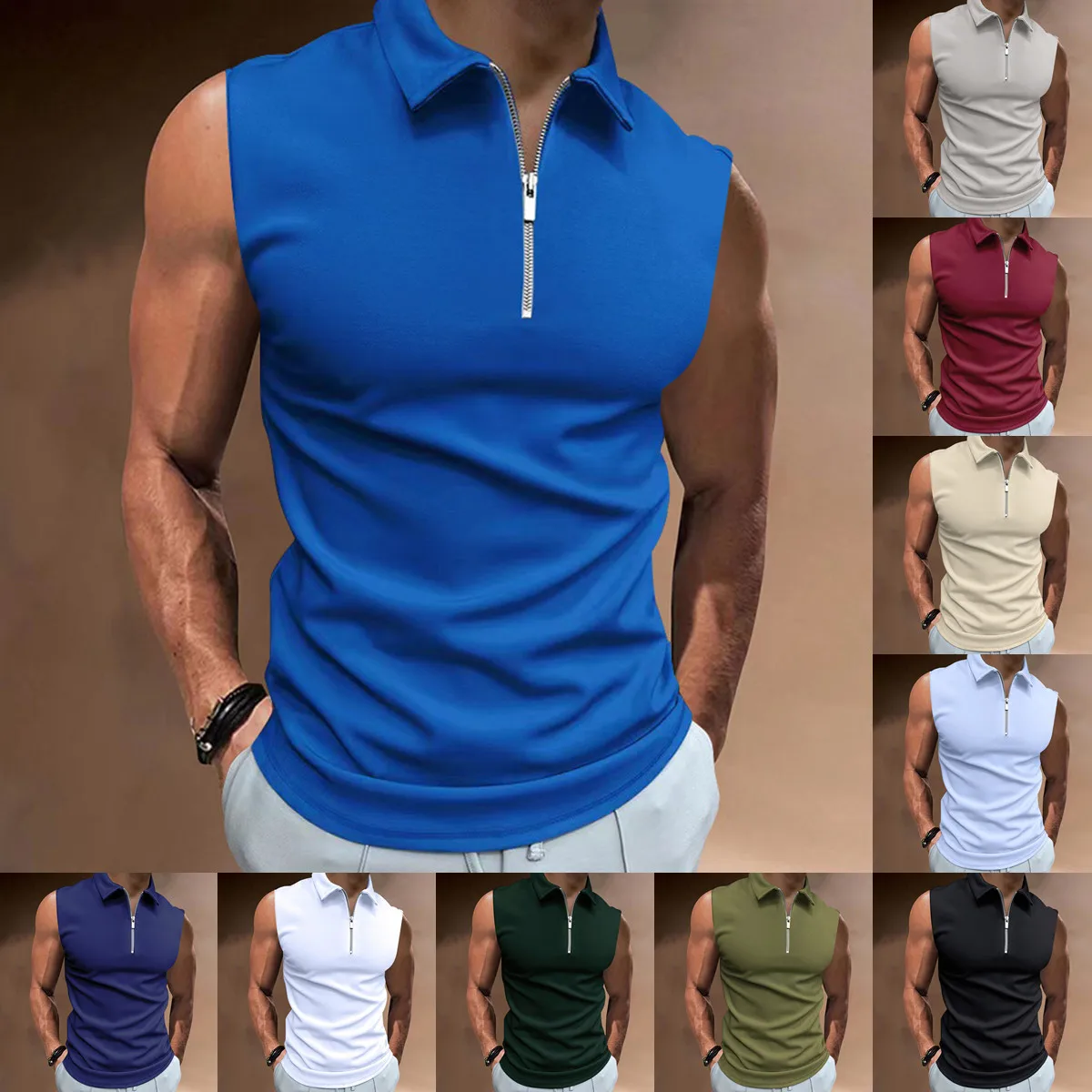 NEW Summer  Fashion Fitness Zipper Solid Men's Beach POLO shirt sleeveless vest T-Shirt Casual High Quality Polo Shirt