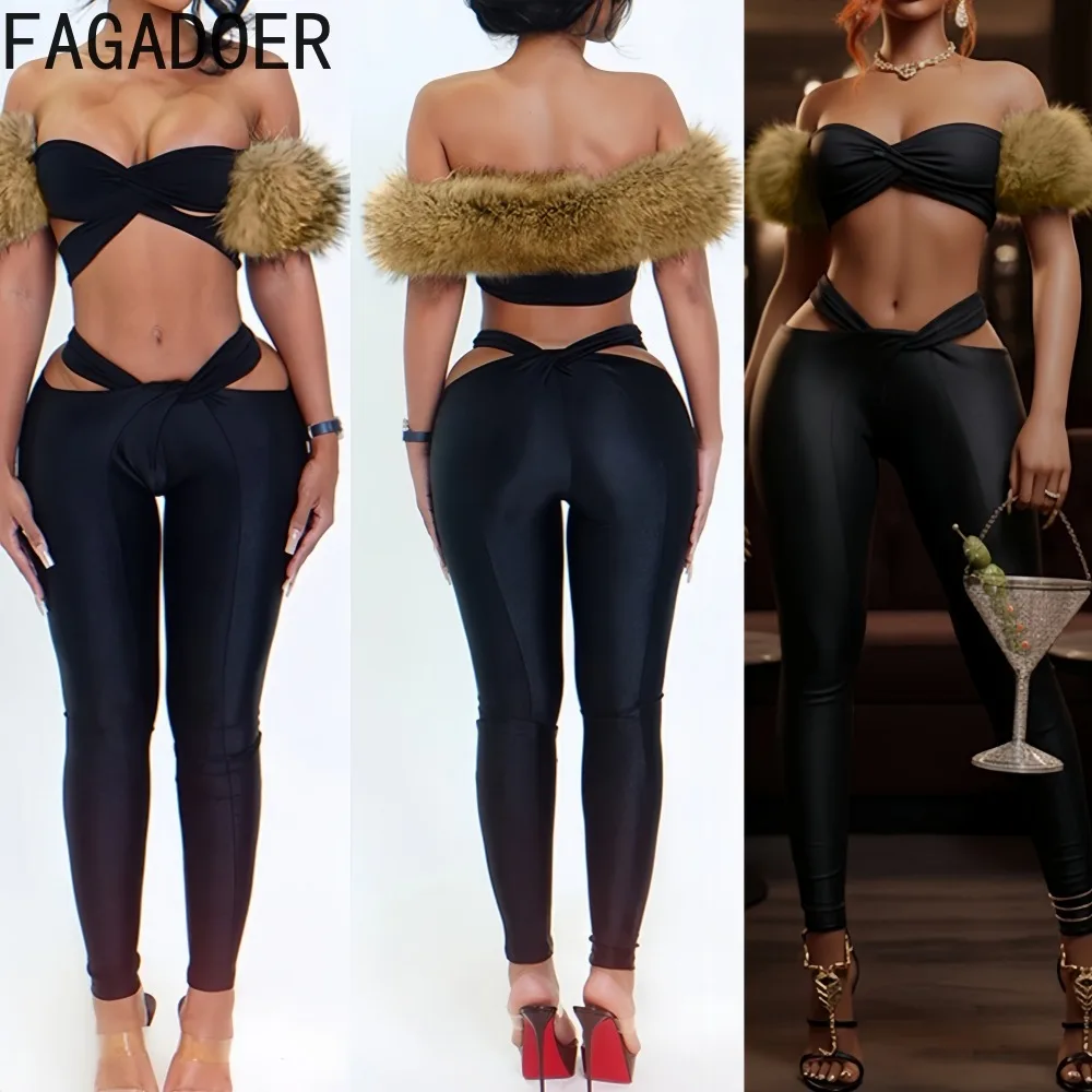 

FAGADOER Sexy Fur Patchwork 2 Pieces Set for Woman Outfit Sleeveless Backless Crop Top and Pants Female Streetwear Clothing New
