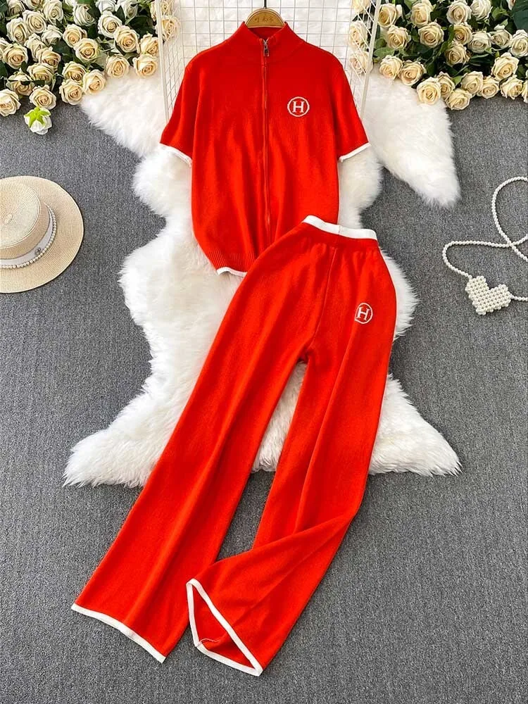 

Casual sports suit women fashion zipper stand up collar embroidered knitted top+high waist slimming wide leg pants two-piece set