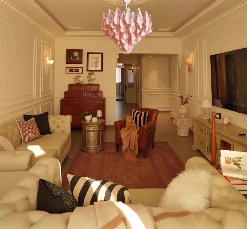 ثريا زجاجية كريستالية فاخرة وحديثة مع تصميم بتلات وردي وأخضر لغرفة المعيشة والمطبخ وغرفة النوم معلقة على السقف P