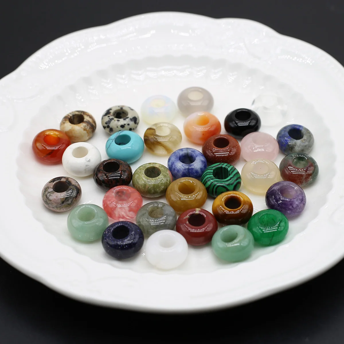 10Pcs Big Hole Beads Pendant Natural Round Jades Agates Beads Crystal Spacer Beads Lucky Pendants for Jewelry Making DIY Earring