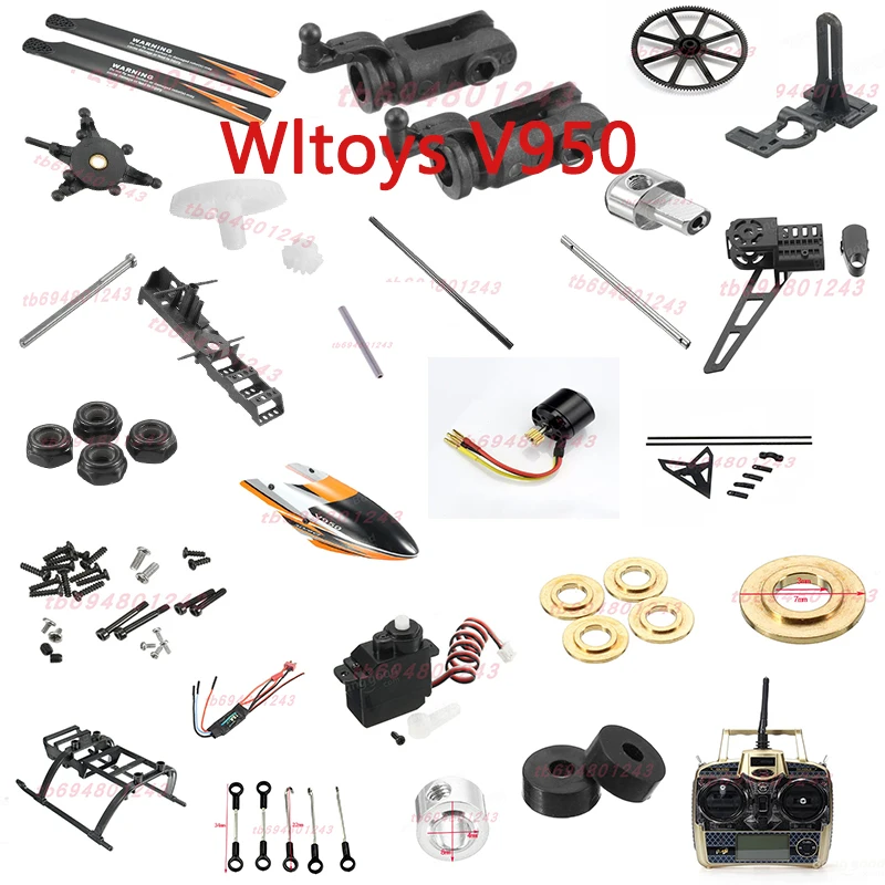 

Wltoys V950 RC Helicopter spare parts blade motor ESC gear Receiver shell rod Tail tube axis charger frame Landing Bearing etc