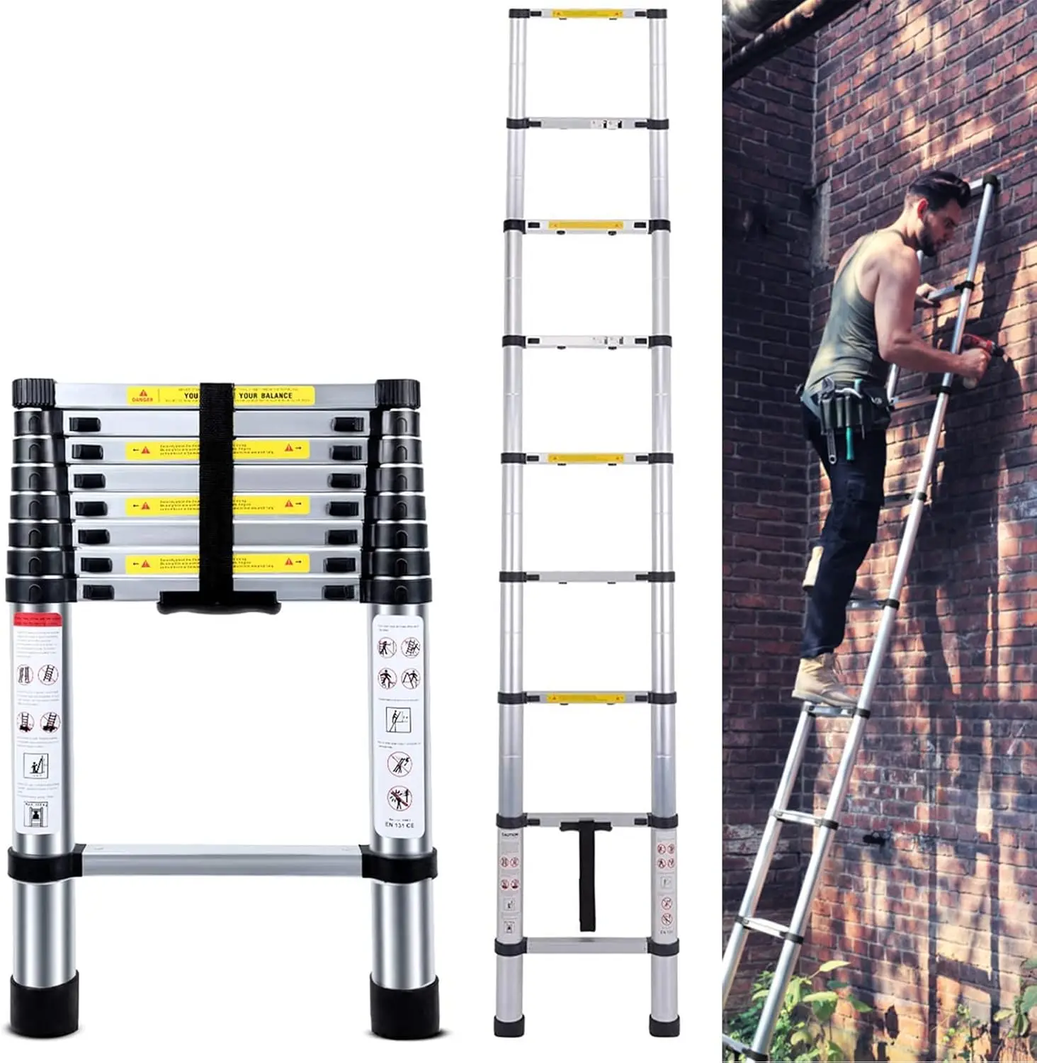 Extension Ladder 8.5ft Non-Slip Extending Attic Loft Ladder Lightweight Folding Ladders Extendable Multi Purpose 9