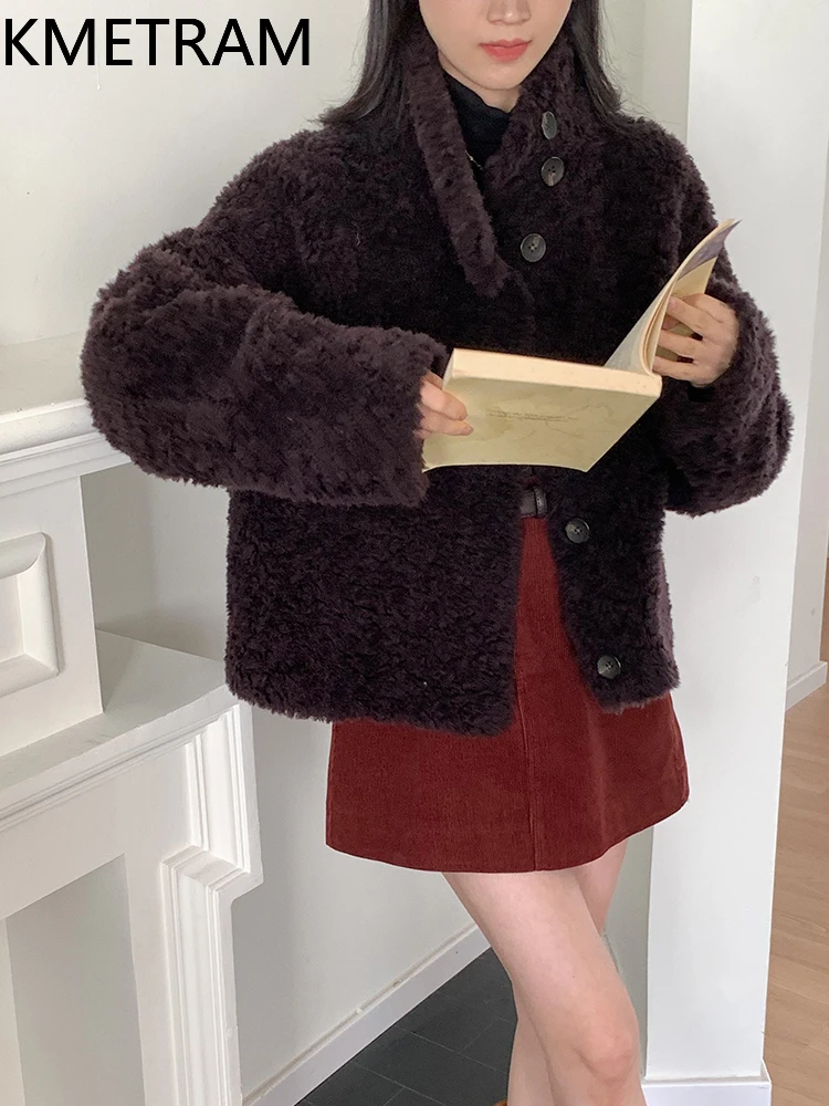 KMETRAM 100% Australian Wool Stylish Winter 2025 New Fur Short Coat with a Stand-Up Collar and One-Piece Design пальто женское