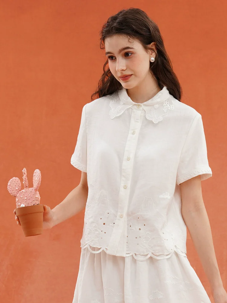 

Spring Autumn Original Design Women French Retro Plant Embroidery, Perforated and Lightweight Shirts/Blouses