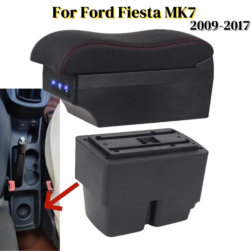 

For Ford Fiesta Car Armrest box for Ford Fiesta MK7 2009-2017 Modification Retrofit Parts Storage Box with USB LED Accessory