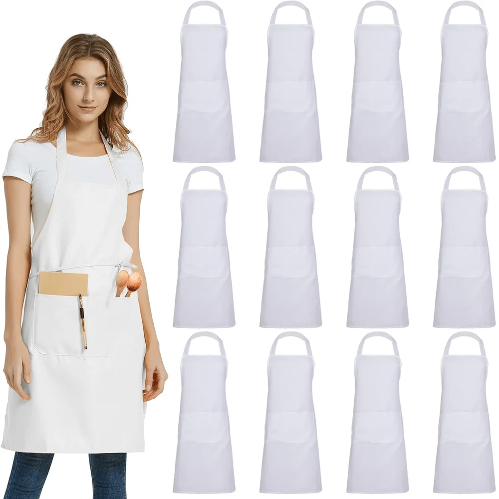 12Pcs Bib Apron, Unisex Aprons Adjustable Waterdrop Resistant With 2 Pockets Cooking Kitchen Apron For Chef, BBQ Drawing Apron Bulk