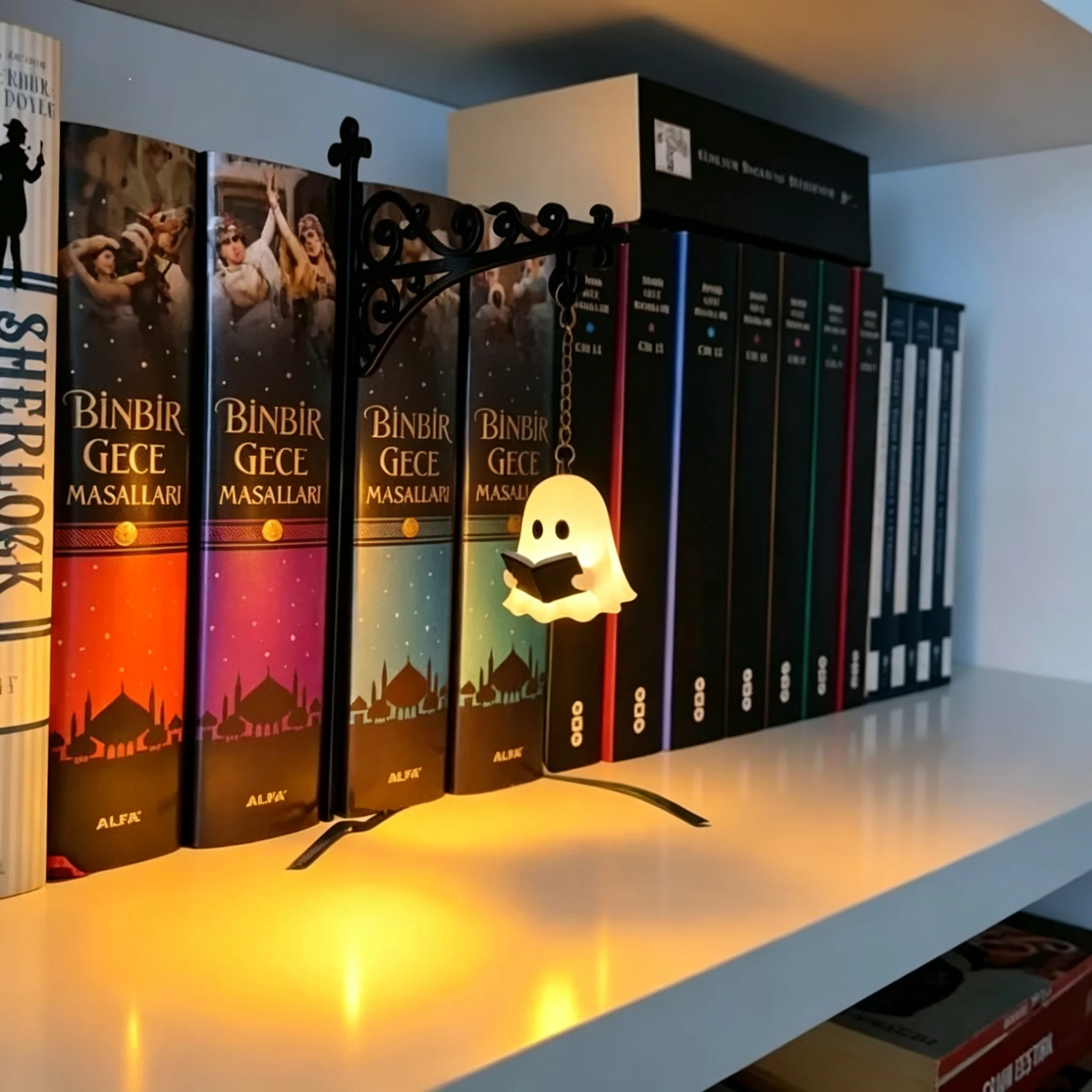 Gothic Victorian Hanging Bookend Halloween Pumpkin Light Vintage Scrollwork Iron Shelf Decor No-Drill Ghost or Lamp Night Light