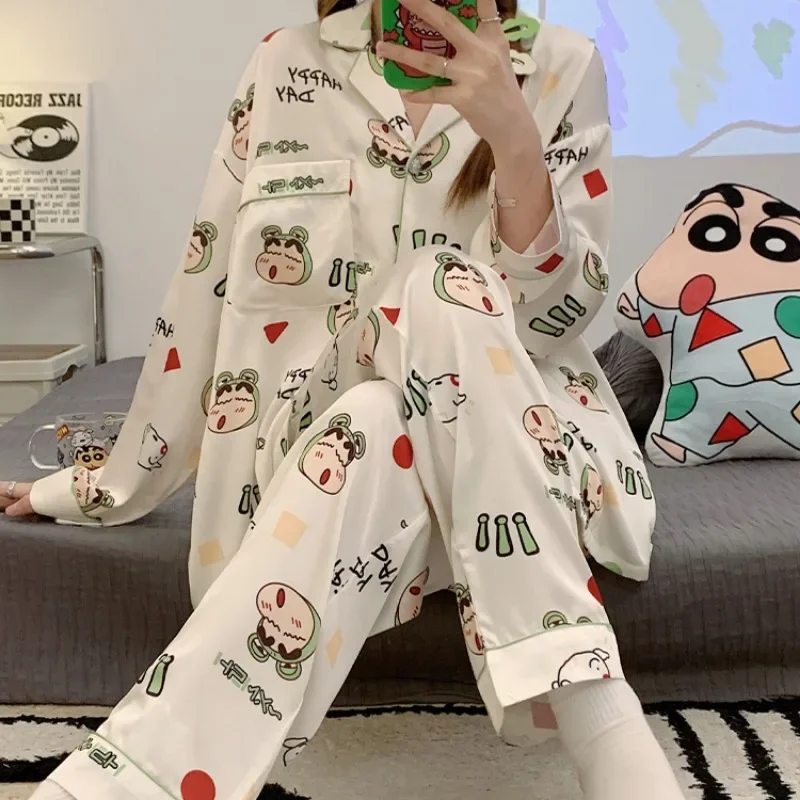 Anime Cartoon Crayon Shin-chan Women's Pajamas Ins Style Long Sleeve Cardigan Casual Anime Loungewear Nightgown Set Girls Gift