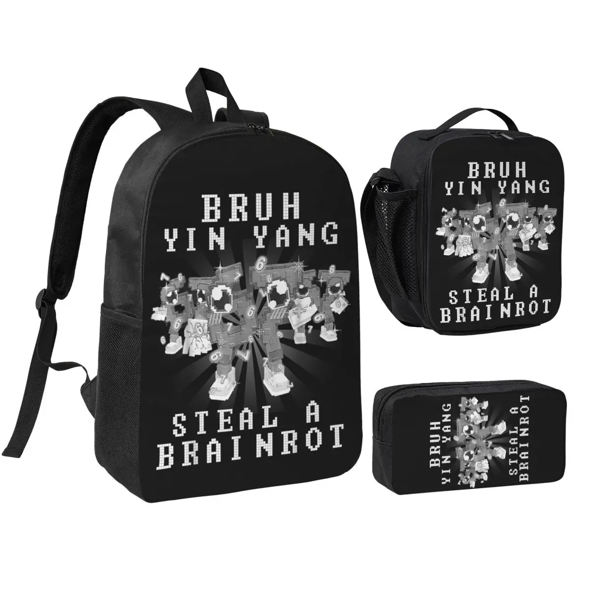 3pecs/set Bruh Yin Yang 67 Six Seven 6-7 Funny Brainrot Backpack for Boys Girls Shoulder Bag Lunch bag Pencil Case