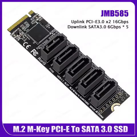 Riser Card M.2 Key JMB585 For NVME Converter With SATAIII SATA 3.0 Cable M.2 PCIe 3.0 To 5 Ports SATA III 6G SSD Adapter Card