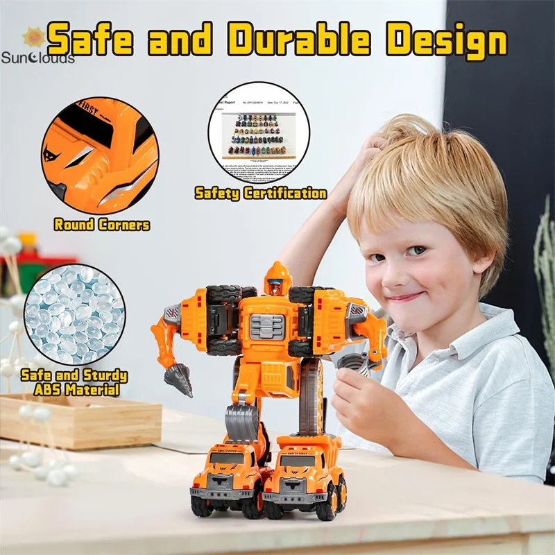 Robot Toys for 3 4 5 Year Old Boy Construction Vehicle 5 in 1 Transform Toys Action Figures Set Building Car Toys for Boy Girl B