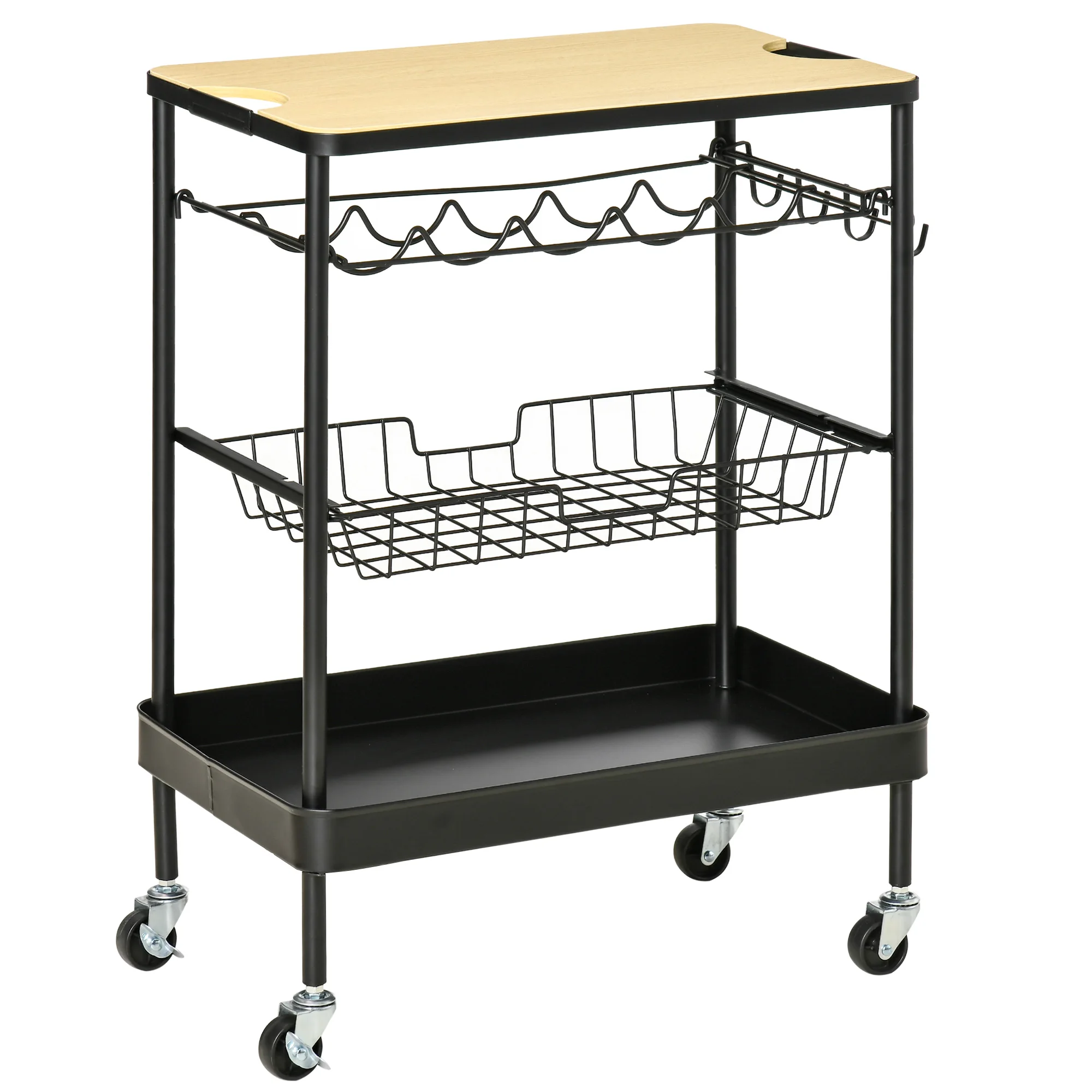 HOMCOM Kitchen Trolley with Wheels Multi-purpose Service Cart with Bottle Holder Removable Basket Tray and 4 Hooks for Living Room 60,5x35,5x75 cm Black and Oak