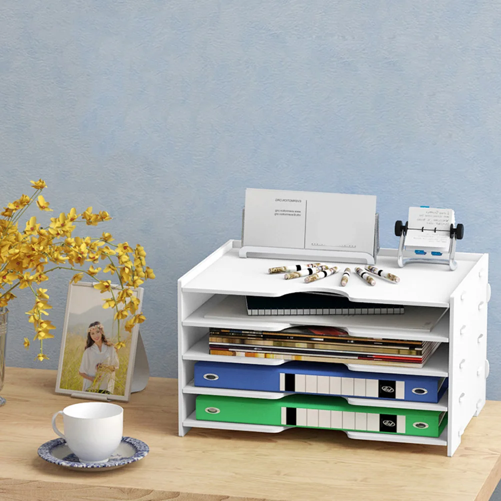 Organizer Penyimpanan Desktop 4 Lapis Rak File Kayu PVC Putih Rak Buku Ramah Lingkungan Rak Display Meja Solusi Rapi Penggunaan Kantor