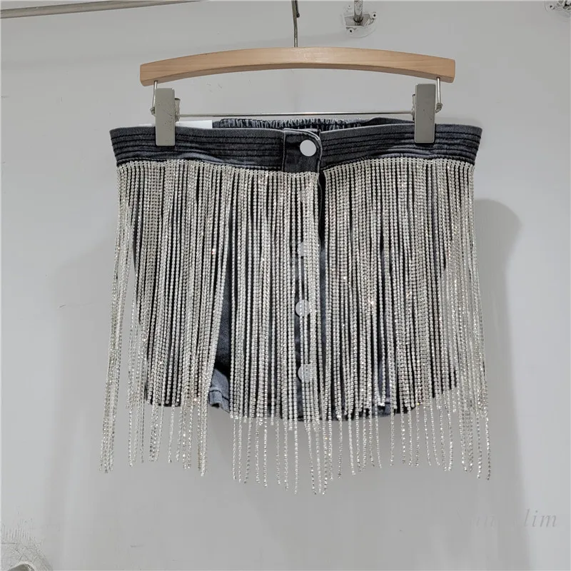 2024 Summer New European and American Style Y2K Top Studded Tassel Rhinestone Hot Girl Style Sexy Bandeau Slim-Fit Denim Tank