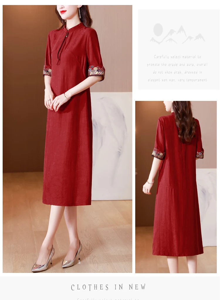 Summer Red Embroidery Floral Silk Midi Dress Women Luxury Chic Casual Cheongsam Dress 2023 Korean Vintage Elegant Loose Dress