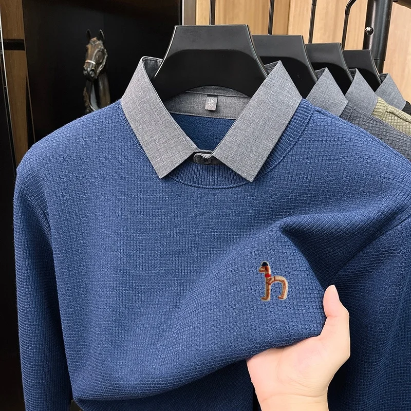 Men's New Autumn Winter Vacation Two-Piece Sweater, Embroidered Velvet Warm Pullover, Casual High-Quality Men's Clothing Tops