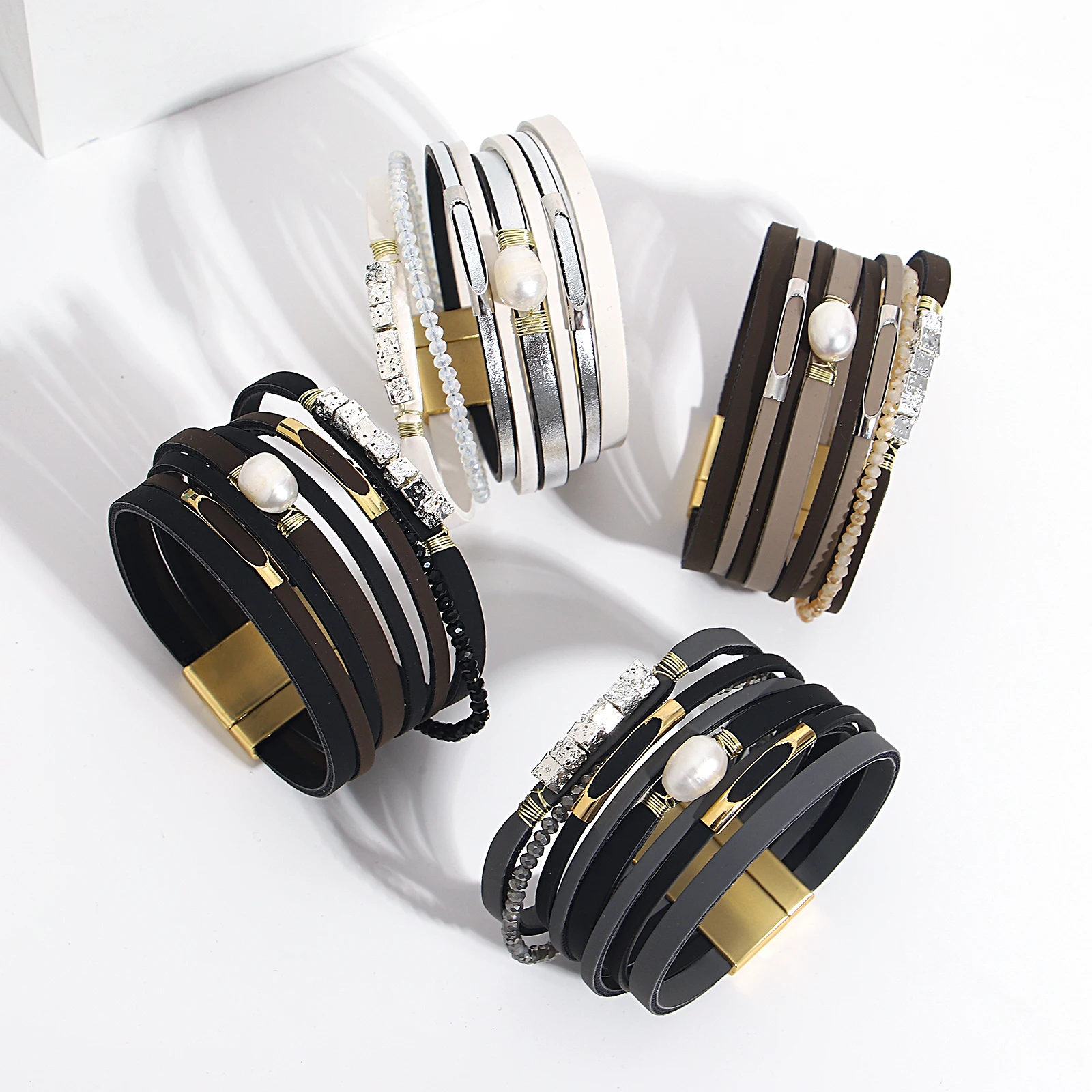

Amorcome Bohemian Silver Color Square Beads Leather Bracelets for Women Trendy Pearl Metal Bar Crystal Wrap Bracelet Jewelry