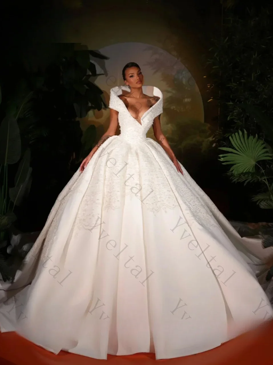 Customized Elegant Dignified Temperament White Fully Beaded Pearls Wedding Dresses Charming Satin Deep V-neck Bridal Gowns