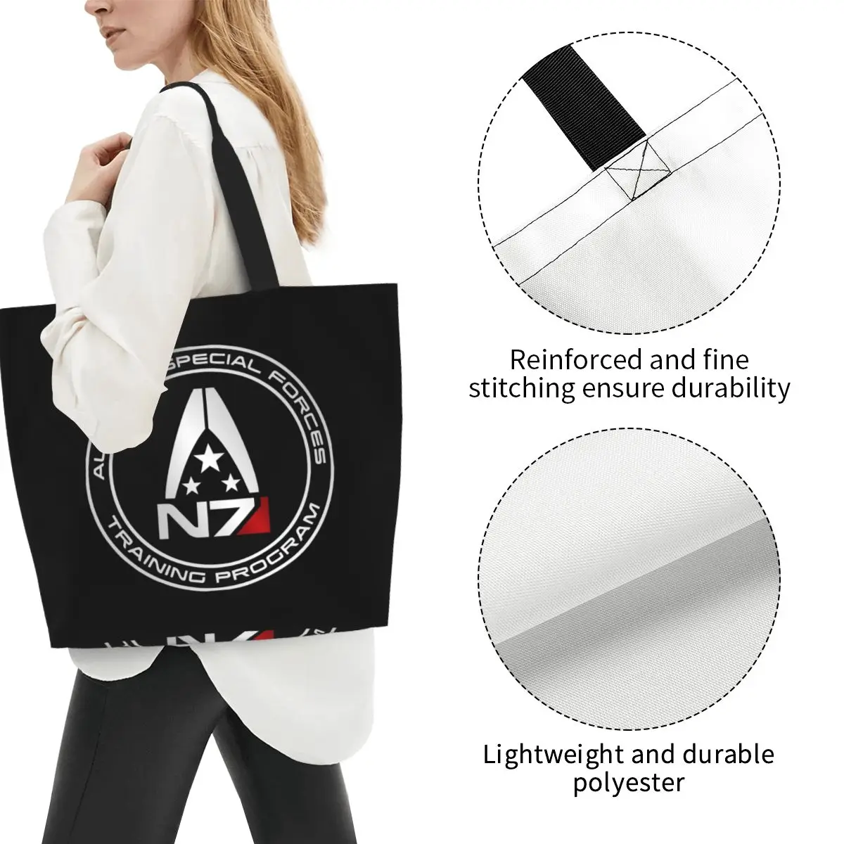 Armor Alliance Military Mass Effect N7 Shopping Tote Bag Canvas Large Capacity Shoulder Bags Shopper Grocery Handbag for Women