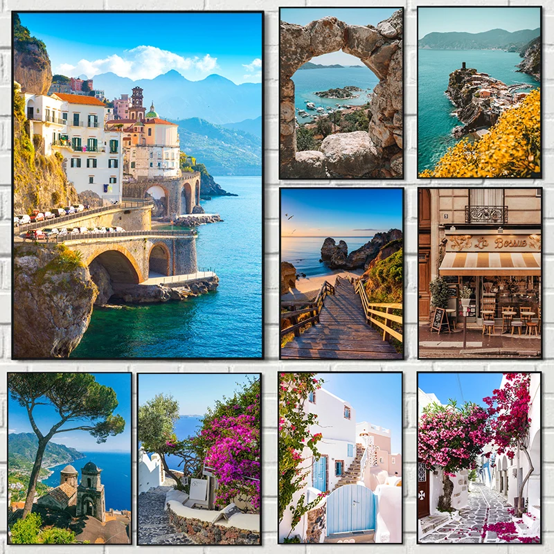 1pc frameless  Retro Tourist City Ltalian Greek Beach Resort Photography Posters Prints Canvas Painting Wall Art Picture Living
