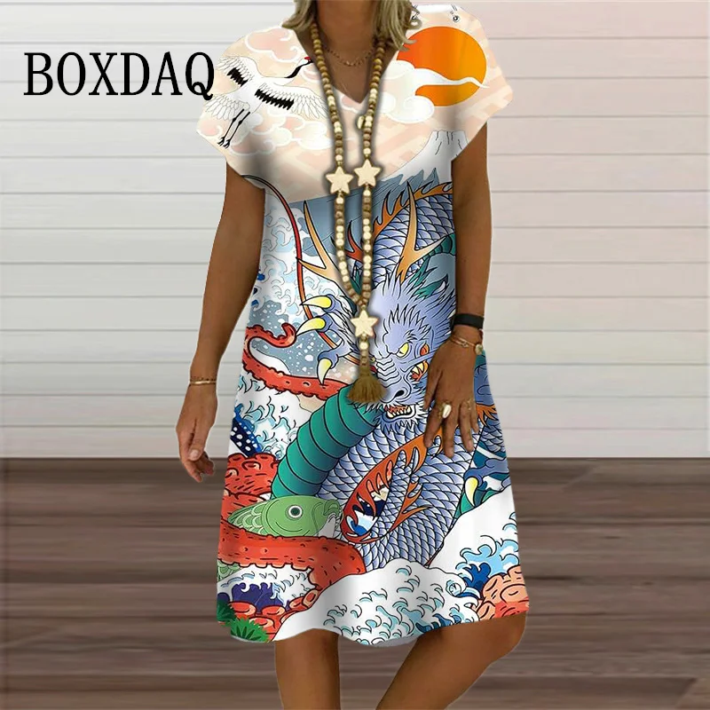 Summer Vintage Chinese Dragon Women's Dress Fantasy Short Sleeve Loose Casual Oversized Print Party Dress Ladies Graphic Vestido