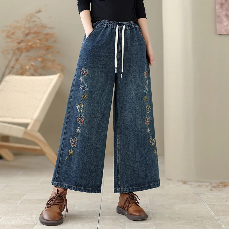 일본 빈티지 모리 걸 플로럴 자수 데님 와이드 레그 팬츠 여성 가을 신축성 있는 허리 캐주얼 루즈 진 스트레이트 팬츠