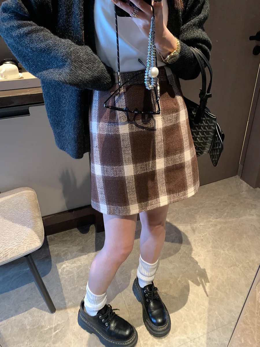 

Spring women's casual retro contrasting plaid high waist slimming versatile A-line skirt
