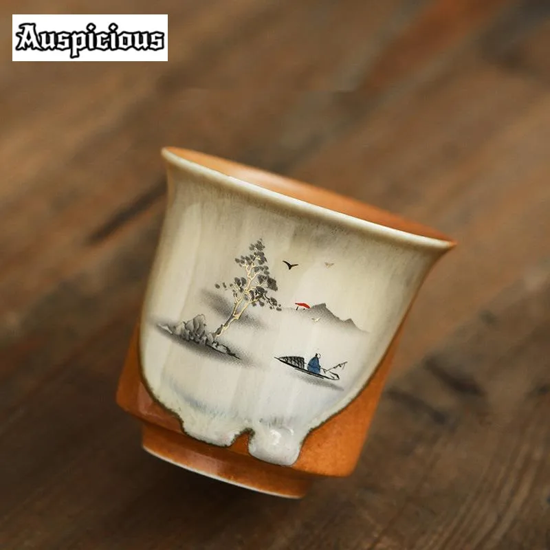 120ml Antique Soda Galze Ceramic Teacup Retro Ink River Fishing Master Cup Japanese Coarse Pottery Large Mug Kung Fu Teaset Gift