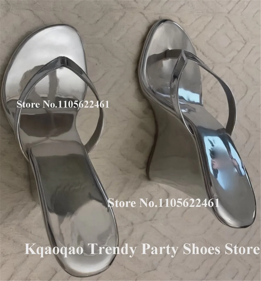 Kqaoqao Black Silver Gold Patent Leather Wedge Slippers Sexy Clip Toe Slip On Wedge Heel Sandals Summer High Heel Wedges - view 2