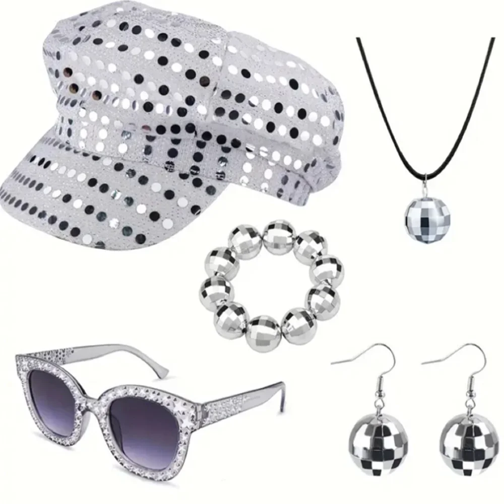 Accessoires de Cosplay à Paillettes Argentées, Chapeau des Années 70, Bracelet, Collier, Boucles d'Oreilles, Lunettes de Soleil, Accessoires de ix, Costume Assressenti, pour Femme, 5 Pièces