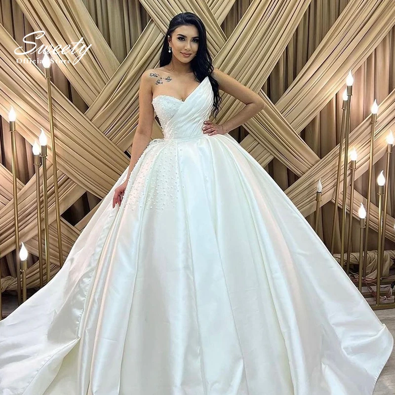 

Luxurious Wedding Dress Silk Taffeta With Beading Pearls Ball Gown Strapless Sleeveless Prom Dresses Button Vestido De Novia