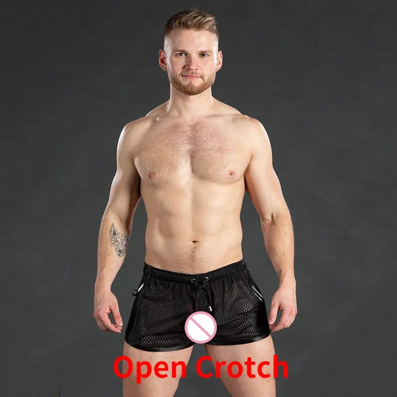 Man Open Crotch Shorts Sexy Gym Panties Crotchless Mesh Board Gay Double Zipper Breathable Erotic Beach Pants Muscle Swimsuits