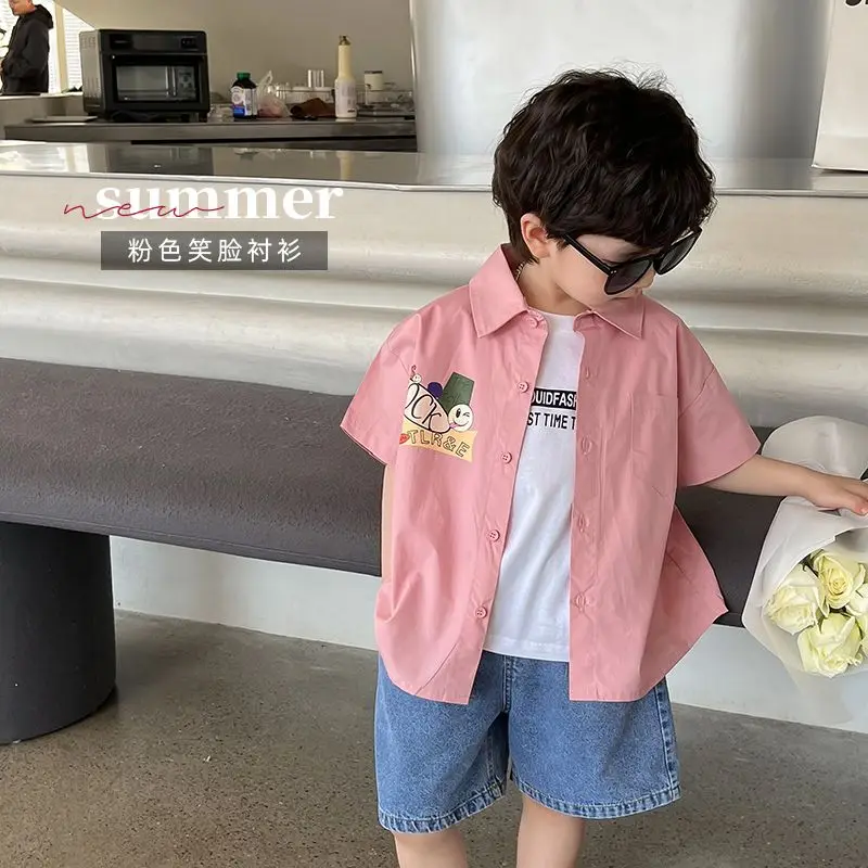 

Boys' Shirt Short Sleeve Fashionable Solid Color Shirt Summer Handsome Children Flower Shirt Personality Fashion