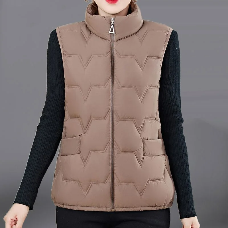 Fashion Women Down Cotton Jackets Vests Solid Stand Collar Zipper Cardigan Thicken Autumn Winter Warm Casual Sleeveless Coats