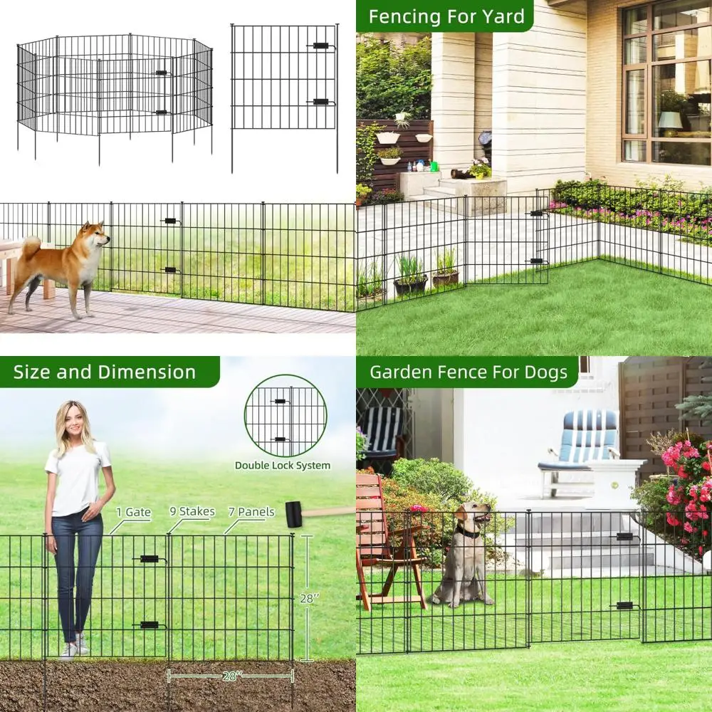 

Metal Garden Fence with Gate 28in (H) x 18.7ft (L), 1 Gate + 7 Panels Dog Fence Border Fence Animal Barrier, No Dig Garden Fenci