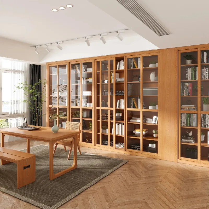 

Japanese-style log bookshelf customization, whole wall full wall, all solid wood bookcase with glass sliding door