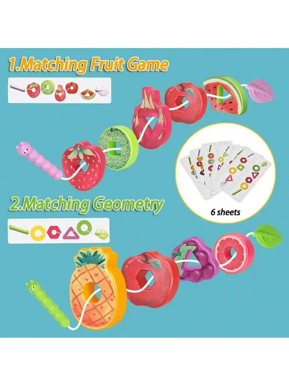 

Kids Caterpillar Eat Fruit Threading Toy, Montessori Lacing Beads, Fine Motor Skills Educational Toy